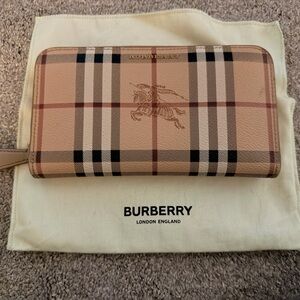 Burberry Tan Beige Check Zip Wallet with Equestrian Motif